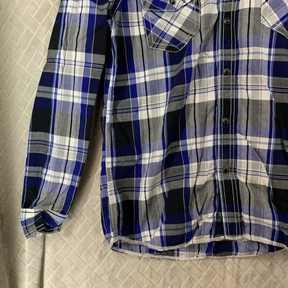 Route 66 Mens Medium Button Up Shirt Blue Plaid Pearl Snap Long Sleeve Western - Picture 3 of 15